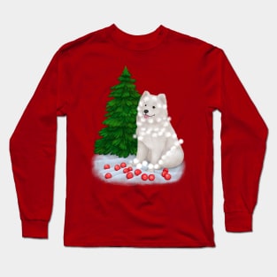 White fluffy Samoyed dog in a Christmas setting Long Sleeve T-Shirt